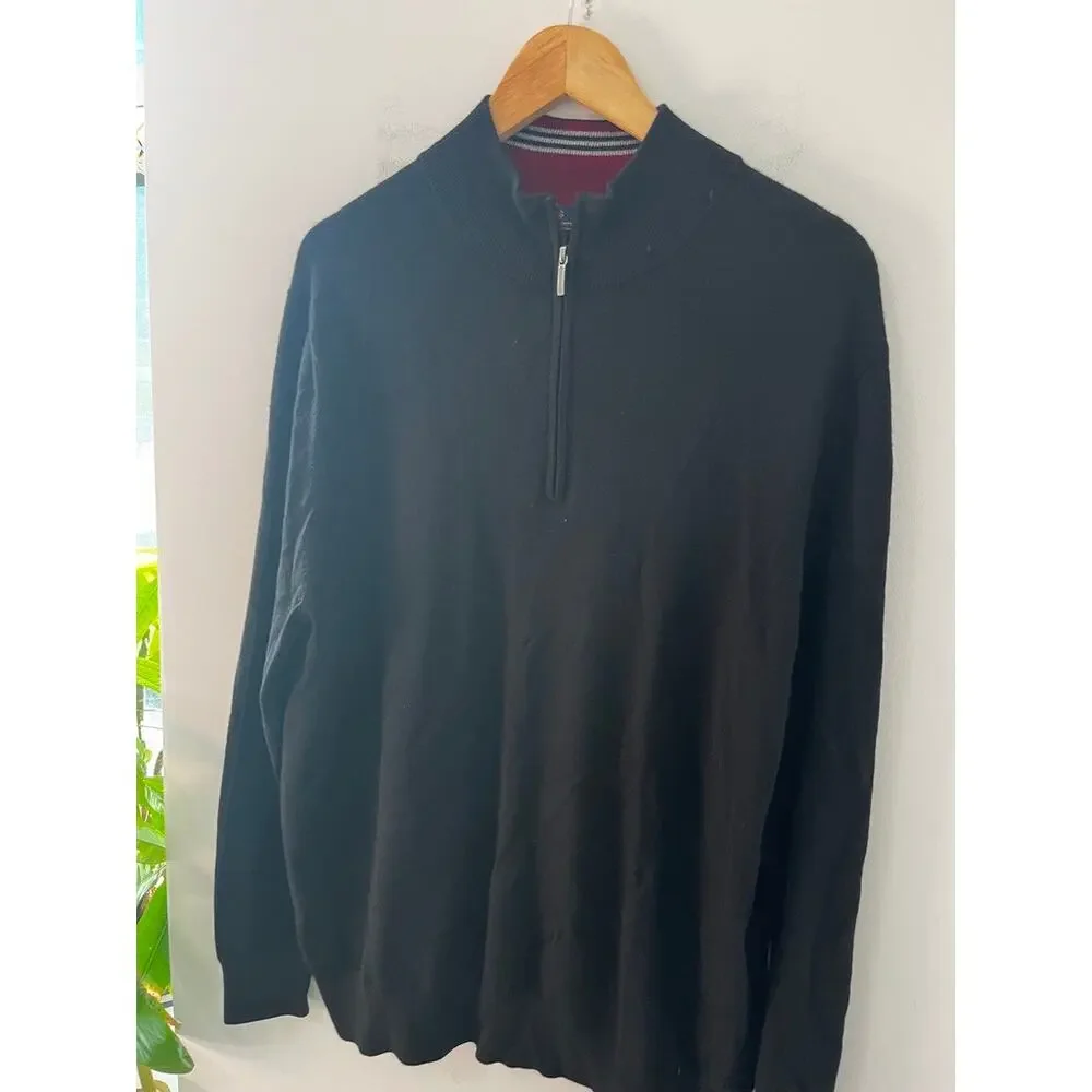 Brooks Brothers Men's Black Merino Wool Quarter Zip Up Sweater Size XL